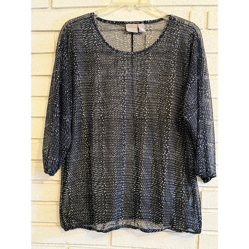 Chicos 2 Black Sheer Popover Long Sleeve Blouse Womens Size Large